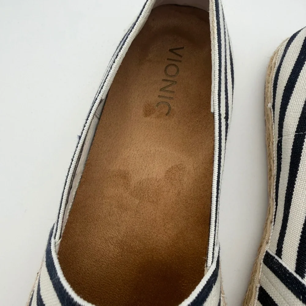Vionic Valeri Navy White Striped Espadrille Flats Sz 9 Orthotic Comfort Nautical